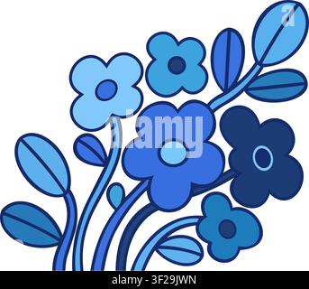 Cute hand drawn illustration of a small bouquet of blue flowers with green leaves Stock Vector