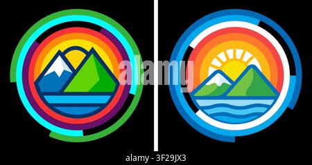 Two colorful circular mountain and lake landscape logo designs on a black background Stock Vector