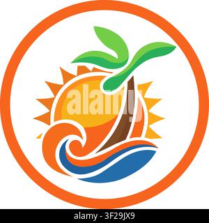Circular tropical logo design featuring a bright sun palm tree and ocean wave illustration Stock Vector