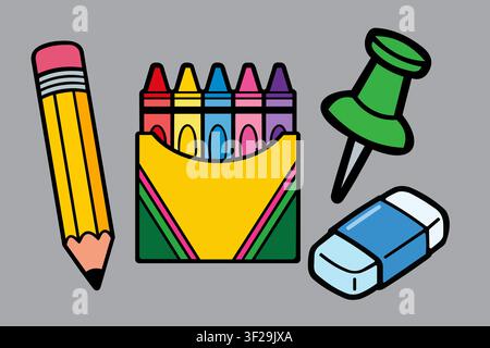 Colorful school supplies including a pencil crayons eraser and a green push pin icon Stock Vector