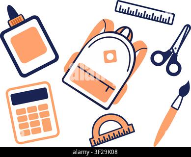 Set of school supplies including backpack calculator scissors ruler glue and paint brush illustration Stock Vector
