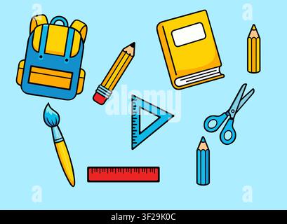 Colorful collection of various school supplies and stationery items on a light blue background Stock Vector