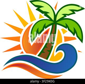Colorful tropical beach icon with palm tree sun and ocean wave vector illustration design Stock Vector