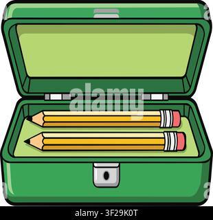 A green pencil case opened with two yellow wooden pencils lying inside for school Stock Vector