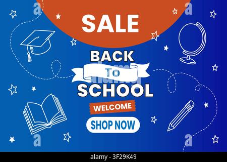 Back to school sale banner with hand drawn educational supplies on blue background Stock Vector