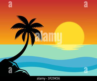 A beautiful tropical sunset landscape featuring a palm tree silhouette over the calm ocean Stock Vector