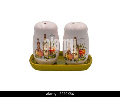 Ceramic salt and pepper shaker set on a white background Stock Photo