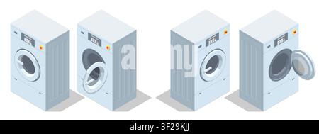 Isometric industrial washer shown in closed and open door views, isolated for commercial laundry and dry cleaning projects. Professional textile care Stock Vector