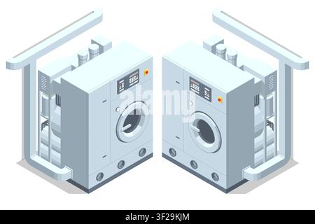 Isometric industrial dry cleaning machine set with two professional garment care units and ventilation pipes. Commercial laundry equipment for textile Stock Vector