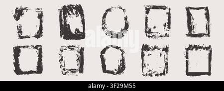 Linocut print with grunge ink texture and rough roller marks creates an authentic printmaking frame. Set vintage rectangle borders. Wide stripes rough textures. Vector illustration Stock Vector