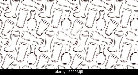 Seamless pattern with hand drawn beer glass and pint mug line art style. Alcoholic beverage container repeating background. Black and white line Stock Vector