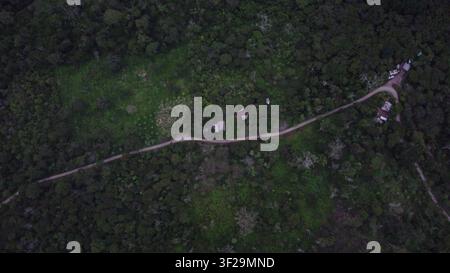 Aerial view of a winding dirt road cutting through the dense, lush green rainforest with small rustic buildings nestled among the trees in Villa Rica, Stock Photo