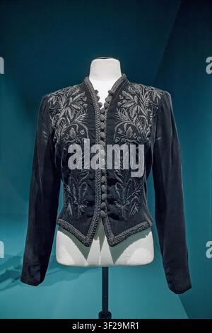 Intricate black embroidered jacket displayed on a mannequin at the Gala Dalí Castle Museum in Púbol, Girona, Catalunya, Catalonia, Spain, Europe. Stock Photo