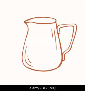 Stainless steel milk jug for latte art or coffee cream. Simple line art style outline icon. Professional barista tool for espresso preparation Stock Vector