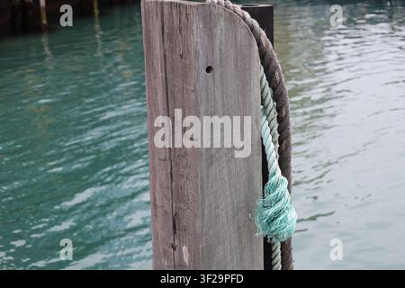 weathered wooden marina bollard, thick, grey-brown rope coiled, lighter blue-green faded section at frayed end (close-up, harbor, maritime, dock) Stock Photo