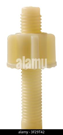 beige plastic threaded screw bolt isolated white background, nylon fastener hardware with ribbed head and threads in macro close-up side view Stock Photo