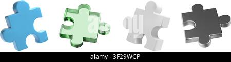 3D puzzle pieces set. Jigsaw icons isolated on white bg. Business team solves problem. Glass, metal and plastic parts connect. Abstract strategy to Stock Vector