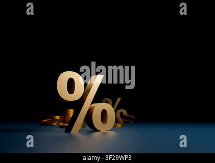 3D golden percent symbol with stacked coins on dark background representing interest rates, finance, investment, banking, discounts and economic conce Stock Photo
