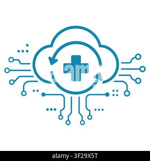 Blue cloud with a medical cross and circular arrows surrounded by digital circuit board lines on a clean white background, for tech Stock Vector