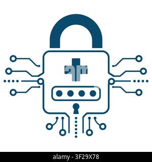 Digital padlock with a medical cross and password dots connected to circuit board lines on a white background, for health data security Stock Vector