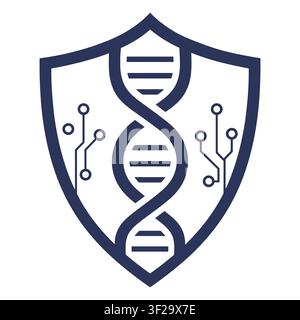Dna helix strand inside a protective shield with digital circuit board lines on a clean white background, for genetic research concepts Stock Vector
