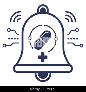 Medical bell notification with a pill symbol and digital circuit board lines on a clean white background, for health alert systems Stock Vector
