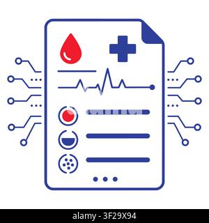 Medical report document with a drop, cross, and pulse line with digital circuit board lines on a white background, for diagnostics Stock Vector