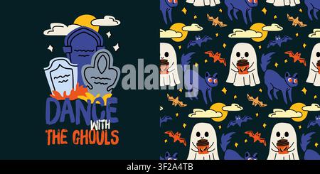 Spooky graveyard and ghosts hand drawn vector design bundle for Halloween decor Stock Vector