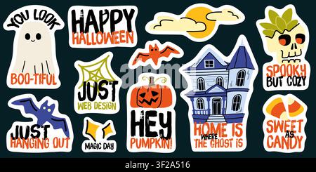 Halloween characters doodle sticker sheet hand drawn vector set for decor Stock Vector
