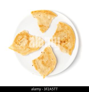 Pita Flat Bread Pieces Isolated, Moroccan Fried Tortillas, Msemmen Flat Bread or Pita Bread, Chapati, Naan, Tortilla Pile on White Background Stock Photo