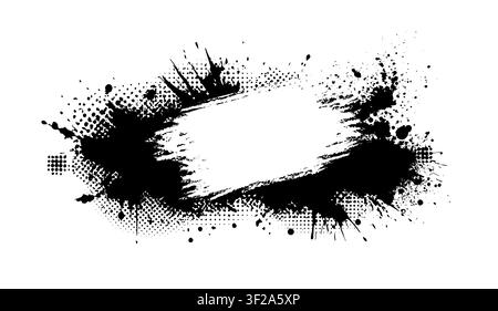 Splatter Paint Texture space for text. Black Spray Blot of Ink. Place illustration Over any Object to Create Grungy Effect . hand drawn. Not AI Stock Vector