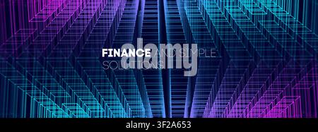 Abstract neon wireframe city background with glowing geometric. Cubes futuristic digital architecture illustration for finance. Technology concepts sm Stock Vector