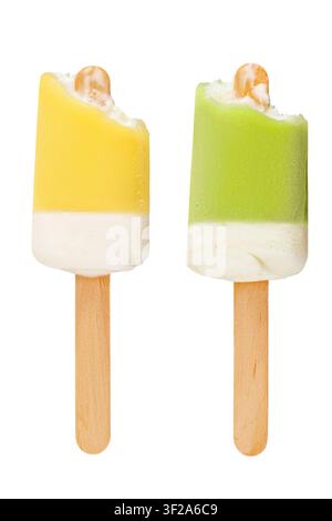 Ice cream on a stick with a bite mark isolated on a white background. Ice cream or fruit ice isolated on a white background. Stock Photo