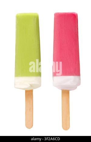 Ice cream on a stick with a bite mark isolated on a white background. Ice cream or fruit ice isolated on a white background. Stock Photo