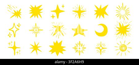 Hand-drawn star icons with sparkling effects and magic glitter. Sketch-style vector elements featuring twinkling lights and cute doodle stars for Stock Vector