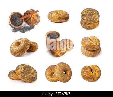Poppy Seed Bread Set Isolated, Assorted Bagel Kaiser Rolls, Seeds Breakfast Buns Pile, Poppyseed Round Bagel, Poppy Seed Bun on White Background Stock Photo
