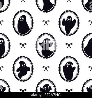 Seamless Halloween pattern with black ghost silhouettes in frames and bows Stock Vector
