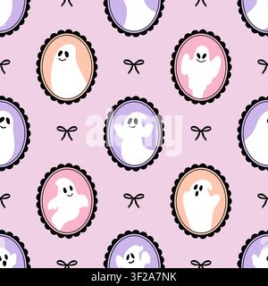 Seamless Halloween pattern with cartoon ghosts in frames and black bows. Vector pastel background for autumn design. Stock Vector