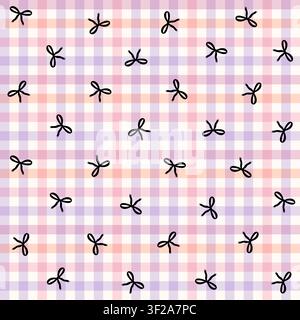 Seamless Halloween pattern with black bows on pastel gingham backdrop. Vector checkered background for autumn designs. Stock Vector
