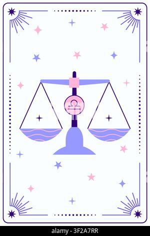 Libra zodiac sign tarot card illustration. Minimalist scales with stars and celestial elements in line art. Stock Vector