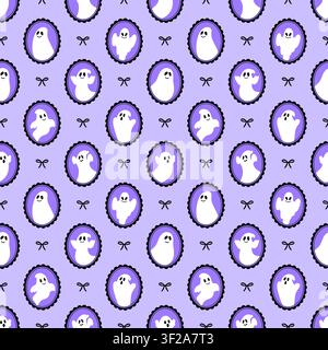 Seamless Halloween pattern with cartoon ghosts in frames and black bows Stock Vector
