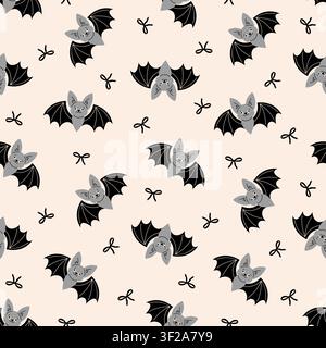 Seamless Halloween pattern with bats and black bows. Vector monochrome autumn background for spooky design. Stock Vector