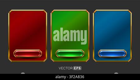Set of glossy colorful frames with golden borders and shiny buttons, perfect for game UI or banners. Vector illustration Stock Vector