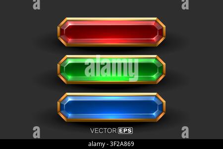 Shiny jewel-like buttons in red, green, and blue, framed in gold, for game UI, web elements, or fantasy design. Vector illustration Stock Vector