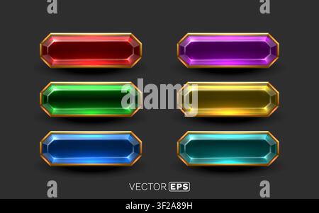 Colorful gem-like buttons with golden frames. A set of shiny UI elements for game and web design. Vector illustration. Stock Vector