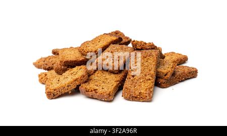 Rye Croutons Isolated, Homemade Brown Bread Rusks, Crispy Bread Cubes Scattered Pile, Dry Rye Crouoton Crumbs, Brown Roasted Salted Crackers on White Stock Photo
