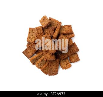 Rye Croutons Isolated, Homemade Brown Bread Rusks, Crispy Bread Cubes Scattered Pile, Dry Rye Crouoton Crumbs, Brown Roasted Salted Crackers on White Stock Photo