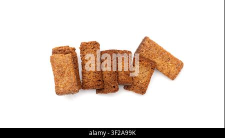 Rye Croutons Isolated, Homemade Brown Bread Rusks, Crispy Bread Cubes Scattered Pile, Dry Rye Crouoton Crumbs, Brown Roasted Salted Crackers on White Stock Photo