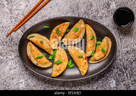 Dumplings served on a black plate with green onions on a gray background Stock Photo