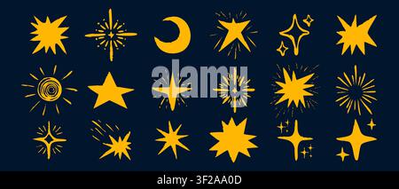 Sparkling hand-drawn star sketches with glitter and shine effects. Line art icons featuring magic sparkles, twinkle elements, and decorative light Stock Vector